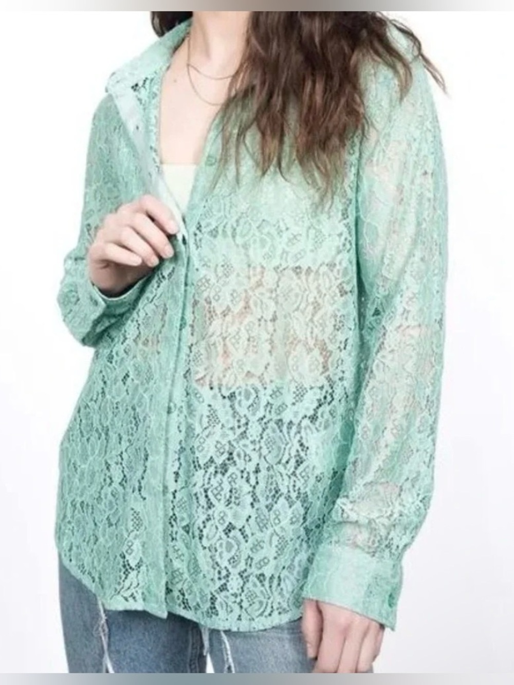 Wildfang The Empower Lace Button Up - Sheer Mint Lace Blouse - NWT - Size XL
